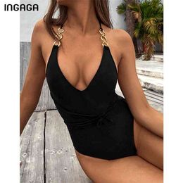 INGAGA Deep V Swimsuits High Cut Swimwear Women Strap Belted Bodysuits Sexy Black Beachwear Cross Back Bathers 210712