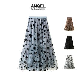 Female Mesh Long Skirts Slim Drape Skirt Flowers Printing Super Fairy Pleated Skirt Dress