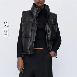 ZA Black Stand Collar Vests Women Fashion Zipper PU Leather Coats Women Elegant Autumn Winter Short Vests Female Ladies 210817