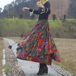 -Röcke Mode Lange Fließende dicke Baumwolle Multicolor Print Böhmen Stil Ethnischer Leinen Rock