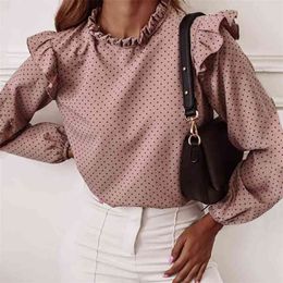 Foridol Elegant Polka Dot Ruffles Blouse Shirt Women Long Sleeve Blouses Ladies Womens Fashion Tops and Blouses Korean 210415