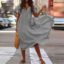 Bohemian Summer Womens Sundress ZANZEA Fashion V Neck Midi Vestidos Female Solid Ruffle Dresses Asymmetrical Robe Plus Size X0521