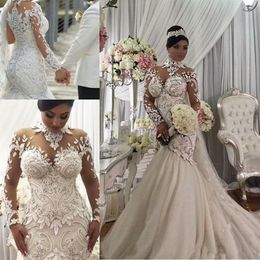Azzaria Haute 2021 Plus Size Illusion Long Sleeve Mermaid Dresses Nigeria High Neck Full Back Dubai Arabic Castle Wedding Gown