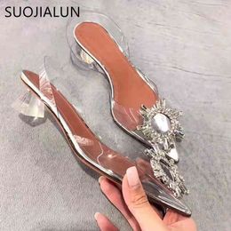 SUOJIALUN 2020 Spring Brand Women Sandals Transparent Crystal Shoes Square Low Heel Dress Pump Shoes Pointed Toe Slip On Slides C0407