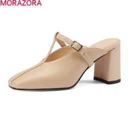 MORAZORA Large Size 33-43 Women Slippers Genuine Leather Ladies Mules Shoes Summer Black Apricot Color Party Casual Shoes 210506