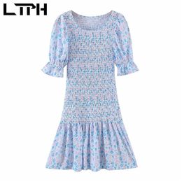 French floral print women dress O-Neck puff sleeves full body elastic Folds high waist slim vintage dresses Summer 210427