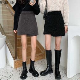 WERUERUYU Fashion A-Line Mini Skirt Women Autumn Winter High Waist Woolen Skirt Female Casual All-match Short Skirt 210608