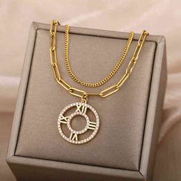 Aesthetic Zircon Round Hollow Necklace For Women Double Stainless Steel Geometry Round Pendant Necklace Gothic Jewellery Gift 2021 G1206