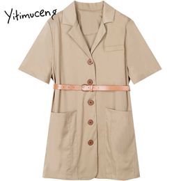 Yitimuceng Sashes Dresses Women Mini Solid Summer Notched Single Breasted Short Sleeve High Waist Korean Office Lady 210601