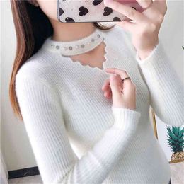 Autumn Winter Mink Cashmere Sweater Pullover Women Casual O Neck Beading Hollow Out Long Sleeve Female Warm White Jumper 210522