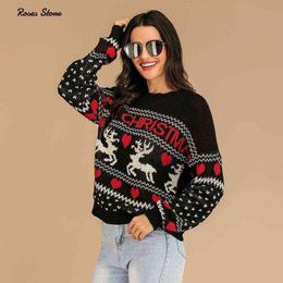 Woman Black Knitted Pullovers Tops Reindeer Ugly Christmas Sweaters 2020 Long Sleeve Jersey School Work Clothes Holiday Jumper Y1118