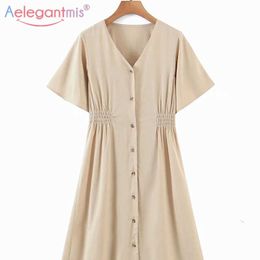 Aelegantmis Fashion High Waist Long Dress for Women V Neck Solid Short Sleeve Casual Folds Mid Calf Vestido De Mujer 210607