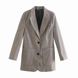 Women Loose Check Blazer Office Ladies Plaid Long Sleeve Houndstooth Suit Coat Jacket Single Breasted s 210520