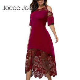 Jocoo Jolee Women Sexy Lace Patchwork A Line Dress Elegant O Neck Off the Shoulder Ruffles Midi Dress Club Party Dress 210619