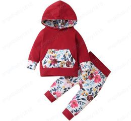 Christmas Girl Clothing Set Flower Print With Big Pocket Hoodies+ Pants Autumn Cotton Soft Kids clothes Two Piece sets 0-24 months