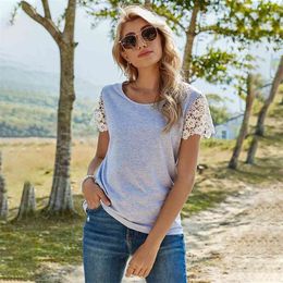 Spring Summer Women's T-Shirt Casual Slim Solid Color Pullover Loose O Neck Tops Lace Short Sleeve Gray Tee Shirt Femme 210522
