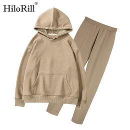 Women Tracksuit Pullovers and Pants Autumn Winter Fleece Hoodies Set Solid Color Casual Long Trousers Outfits 210508