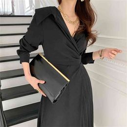 Chic Elegant Dress Woman V-neck Lace Up High Waisted Vestido Clothing OL Korean Work Party Maxi Dresses Female Spring 210603