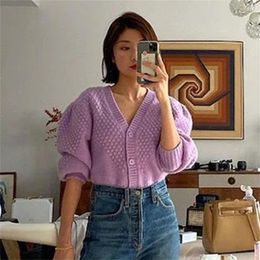 vintage purple knitted cropped cardigan oversized button up puff sleeve top autumn winter casual office tops 210427