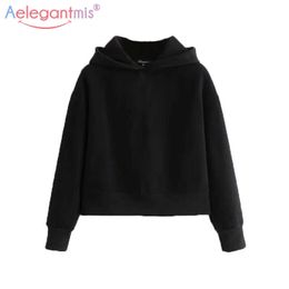 Aelegantmis Spring Classic Black Fleece Women Hooded Sweatshirt Casual Short Pullovers and Sweatshirts Ladies Grey Hoodies Tops 210607
