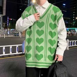 Korean Fashion Sweater Vest Men Streetwear Trends V Neck Love Heart Shape Pattern Sleeveless Sweater Mens Knitted Sweaters Vests Y0907