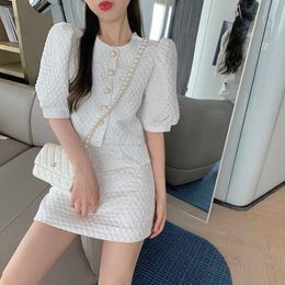 Summer fashion women Tweed Skirt Suit Puff Sleeve Single Breasted Tops+High Waist Mini Skirts 2 Piece Sets 210531