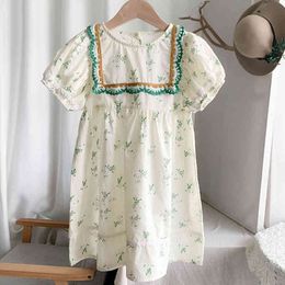 Summer Dress For Girls Puff-Sleeve Floarl Printed Ruffle Parchwork Fashion Princess es Toddler Children 210515