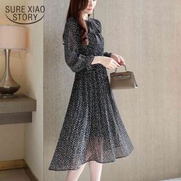 Korean Chiffon Women Dress Casual Elegant High Wasit Midi Print Bow Ladies Vintage Long Sleeve Dresses Vestidos Clothing 8636 50 210417