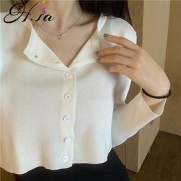 H.SA Korean Style Short Knitted Sweaters Cardigans Oneck Button Up Women Thin Cardigan Solid Crop Top Ropa Mujer 210417
