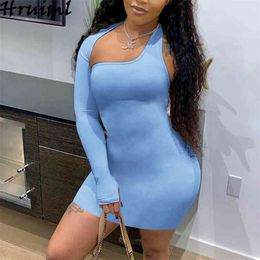 Wholesale Party Dresses High Waist Long Sleeve One Shoulder Sexy for Women Summer Backless Evening Club Mini Blue 210513