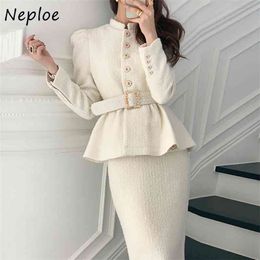 Small Fragrance Solid 2 Pcs Women Set Turn Down Collar Long Sleeve Sashes Jacket + High Waist Hip Bodycon Skirt Suit 210422