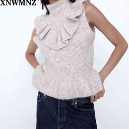 women knit vest with rufflesdetails Vest Featuring a high neck and matching ruffle trims Female Ladies tops 210520