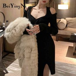 Beiyingni Sexy Club Off Shoulder Knitted Mini Dress for Woman Vintage Casual Long Sleeve Skinny Dresses Girls Party Ruched Robes Y1204