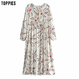 Toppies Fashion Bohemian Long Dresses Woman Floral Printing Dress Loose Lace Up Blouses 210412