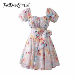 Casual Print Lace Up Bowknot Dress For Women Square Collar Puff Short Sleeve High Waist Mini Dresses Female Fashion 210520