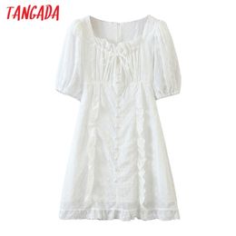 Fashion Women White Ruffle Lace Short Sleeve Ladies Vintaage Mini Dress Vestidos SP21 210416