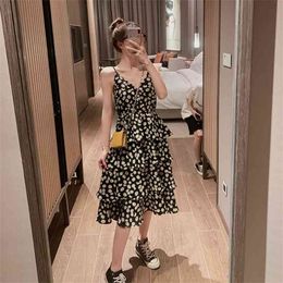 vintage dress for women summer elegant print Sling chiffon beach sundress Ladies casual Sexy Loose ruffle Dresses 210602