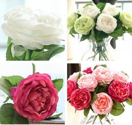 2021 Wholesale 50pcs Charming Artificial Silk Fabric Roses Peonies Flowers Bouquet White Pink Orange Green Red for wedding home hotel decor