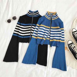 Turtleneck Knitted Women Autumn Sweaters Vintage Flare Long Sleeve Striped Slim Pullovers Front Zipper Jumper pull femme Tops 210510