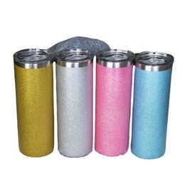 Sublimation 20oz Glitter Straight Skinny Tumblers with Straw Lid Stainless Steel Double Wall Insulated Vacuum Powder Coating Water Bottles DIY Coffee Mugs Cups