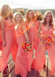 Arrival Chic Chiffon Cheap Coral Bridesmaid Dresses Long Jumpsuits V Neck Plus Size Beach Wedding Guest Dress Party prom M52