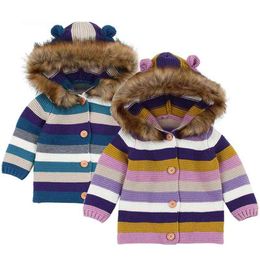 Winter Warm born Baby Sweater Fur Hood Detachable Grey Infant Boys Girl Knitted Cardigan Fall Outwear Children Knitwear 0-24M 210417
