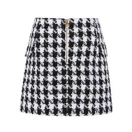 Fashion Trend of Women's Lion Buttons Double Breasted Tweed Wool Houndstooth Mini Skirt Elegant Plaid A Line Short Skirts 210629