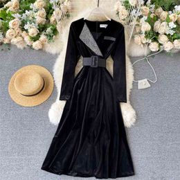 Lady Fashion Retro Drill Suit Collar Velvet Dress Women Long Sleeve High Waist Elegant Clothing Vestidos P852 210527
