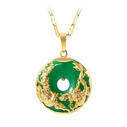 Pendant Necklaces Gold Color Chinese Style Dragon And Phoenix Green Agates Round Hollow Link Chain Necklace Classic Jewelry