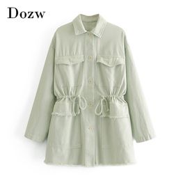 Light Green Color Pocket Coat Women Casual Long Sleeve Lady Shirt Jacket Lace Up Tassel Outerwear Autumn Spring 210515