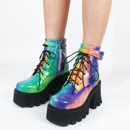 For Dropship Platform Chunky Heels Lace Up Ankle Boots Mixed Color Tie Dye Colorful Cool Punk Autumn womens Boots