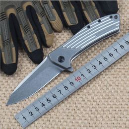 1Pcs Top Quality Flipper folding knife D2 Stone Wash Drop Point Blade Stainless Steel Handle Ball Bearing Folder Knives With Retail Box