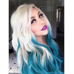 2021 fashion synthetic Body Wave style Blonde Lace Front Wigs Ombre Blue Colour wig simulation Human Hair