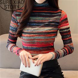 Feminine Fashion Long Sleeves Spring Wild Turtleneck Striped Printing High Collar Bottoming Blouse 2346 50 210417